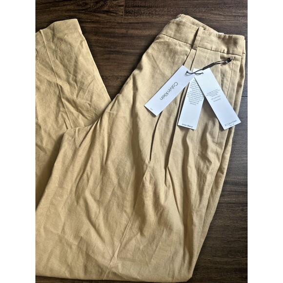 Calvin Klein Women's Linen Blend Pants Trendy Pleated Wide Leg Trouser Tan 10 - Picture 3 of 9
